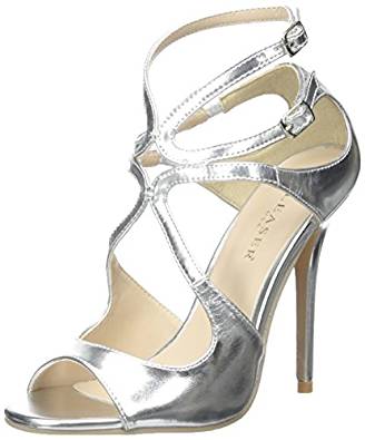 Open toe strappy stiletto heel sandal in silver, gold and pink