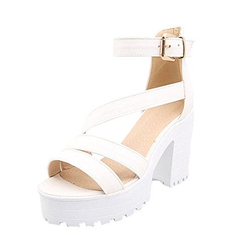 Block Heel Strappy Sandals in white, pink and blue