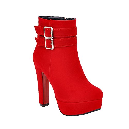 Block Heel Suede Buckle Boots in black and red