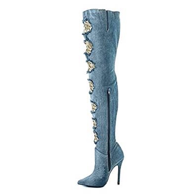 Stiletto heel blue denim over the knee boots
