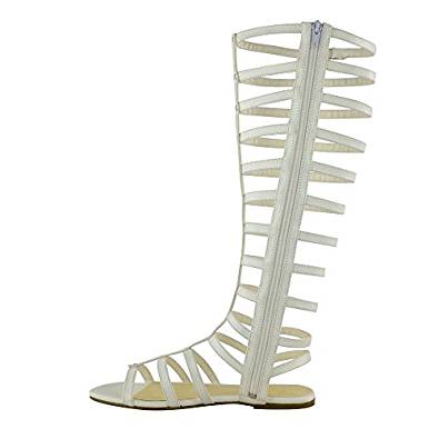 Flat knee-length gladiator sandals in black, brown, white and beige