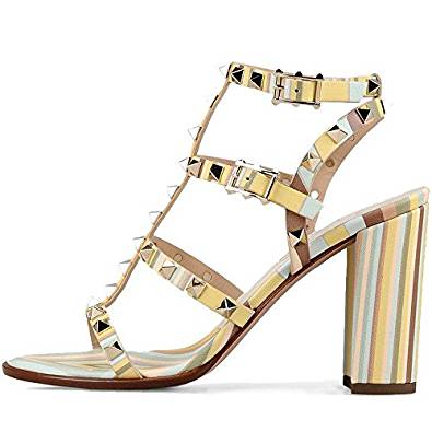 Block heel strappy rived detail sandal in black, brown and stripey