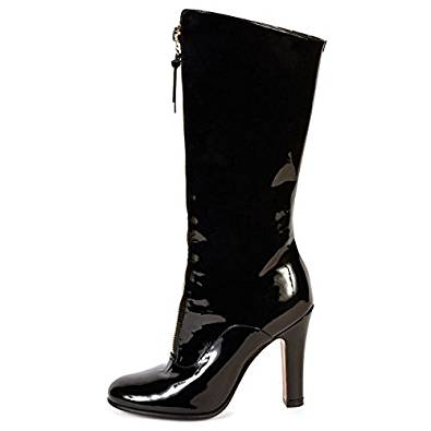 Black block heel mid-calf boots with front zipper