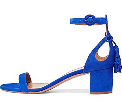 Low block heel ankle-strap sandals in blue or leopard skin