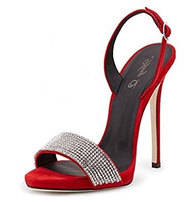 Red or black rhinestone strap sling-back stiletto heel sandals