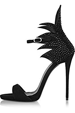 Stiletto heel ankle-strap black sandals with rhinestone feather detail