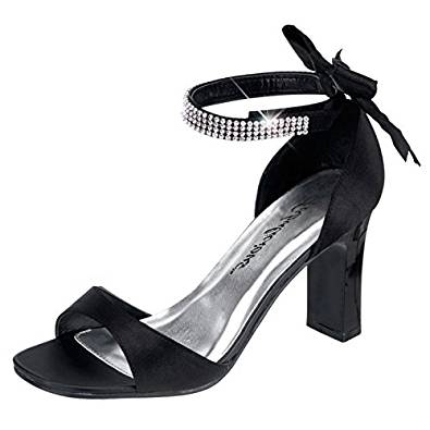 Pretty black block heel sandals with rhinestone ankle-strap detail