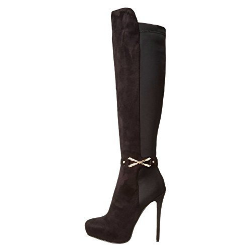Black stiletto heel suede knee-high boots with pretty buckle