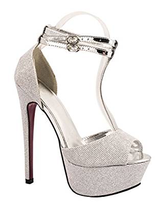 T-bar peep-to stiletto heel platform in silver, black and gold